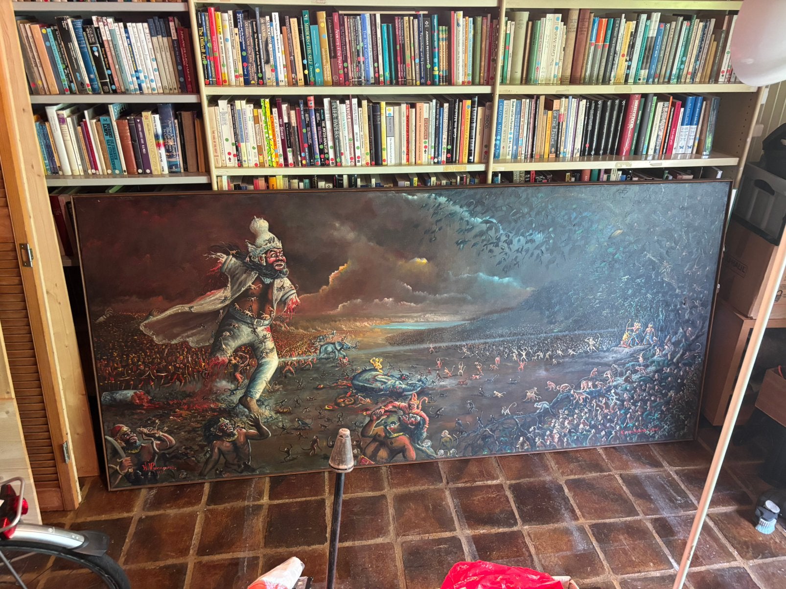 SCHILDERIJ H. PURNOMO JAREN 70 VELDSLAG, Indonesië, Ophalen, Schilderij, 110 cm