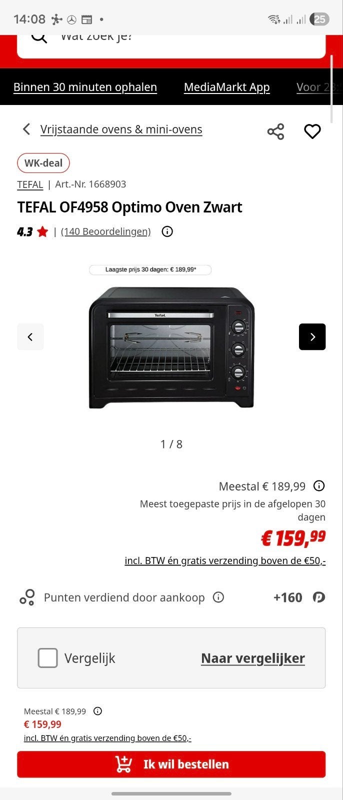 Tefal Optimo Oven Zwart - Compacte en veelzijdige mini-oven, Witgoed en Apparatuur, Ovens, Minder dan 45 cm, Gebruikt, Tefal, Ophalen of Verzenden