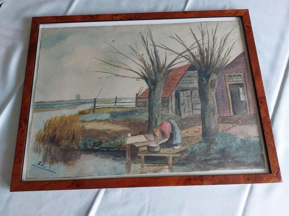 Schilderij, Boerin aan het wassen., Antiek en Kunst, Kunst | Schilderijen | Klassiek, Ophalen of Verzenden