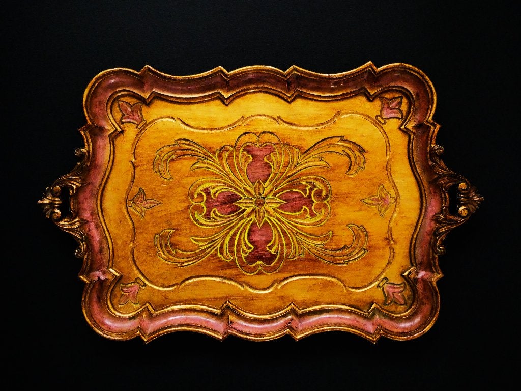 Italiaans dienblad / serveerblad goud roze groen 58,5 x 36,5, Antiek en Kunst, Curiosa en Brocante, Ophalen of Verzenden