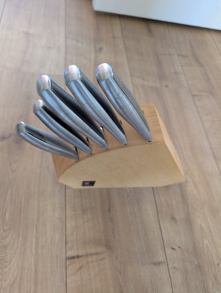 Messenset met houten blok, Ophalen, Gebruikt, Bestekset, Rvs of Chroom