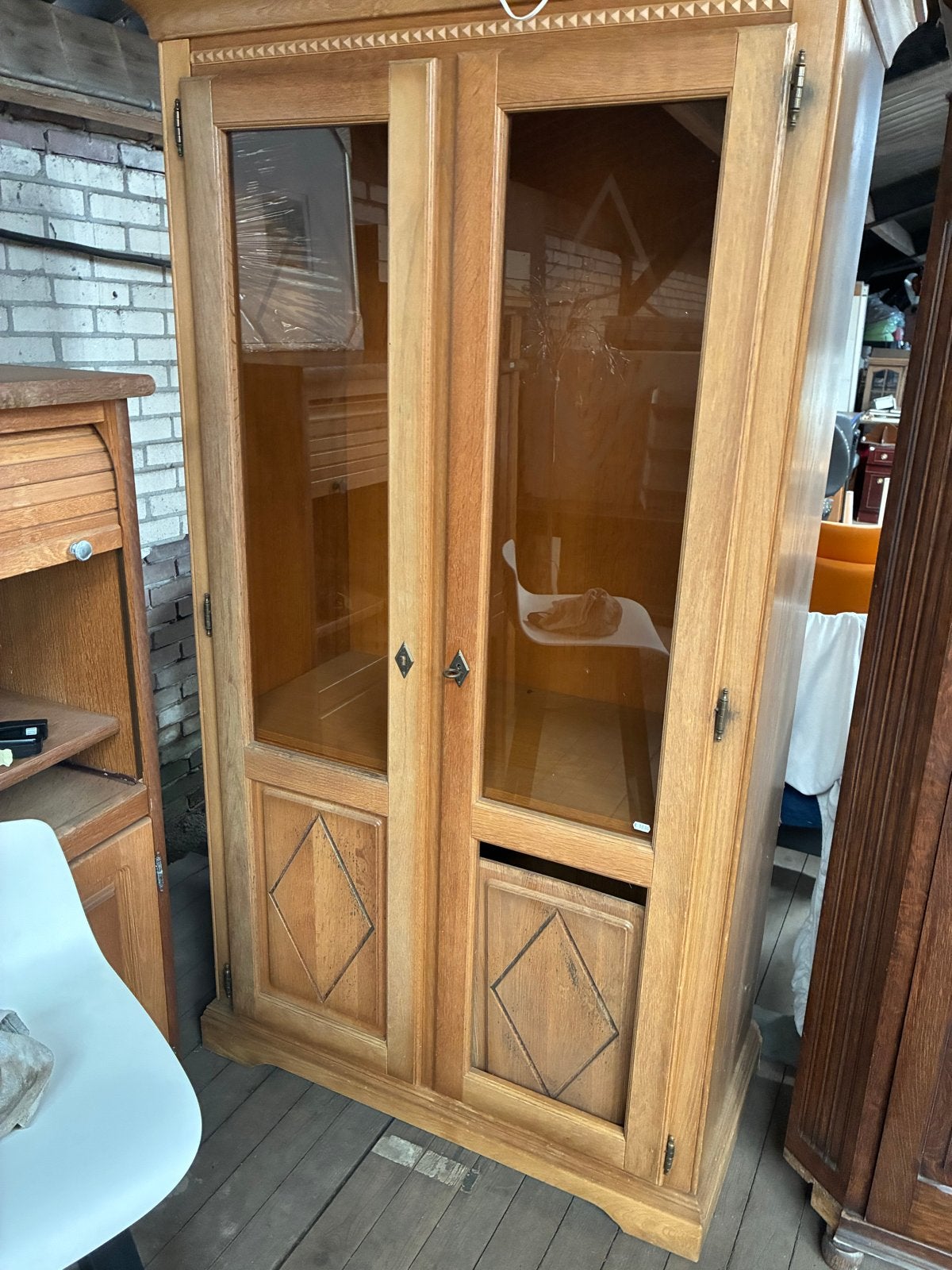 Eiken vitrinekast, Ophalen, Gebruikt, 25 tot 50 cm, 50 tot 100 cm