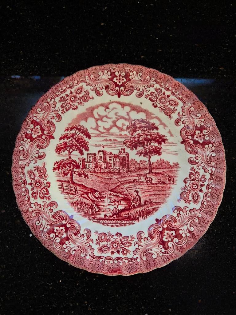 9Vintage Staffordshire Ironstone borden, rood/wit NIEUW, Ophalen of Verzenden