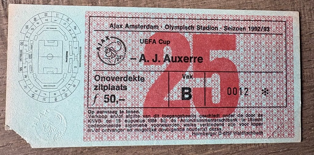 Ticket Ajax - Auxerre 1992-1993, Verzenden, Zo goed als nieuw, Ajax, Overige typen