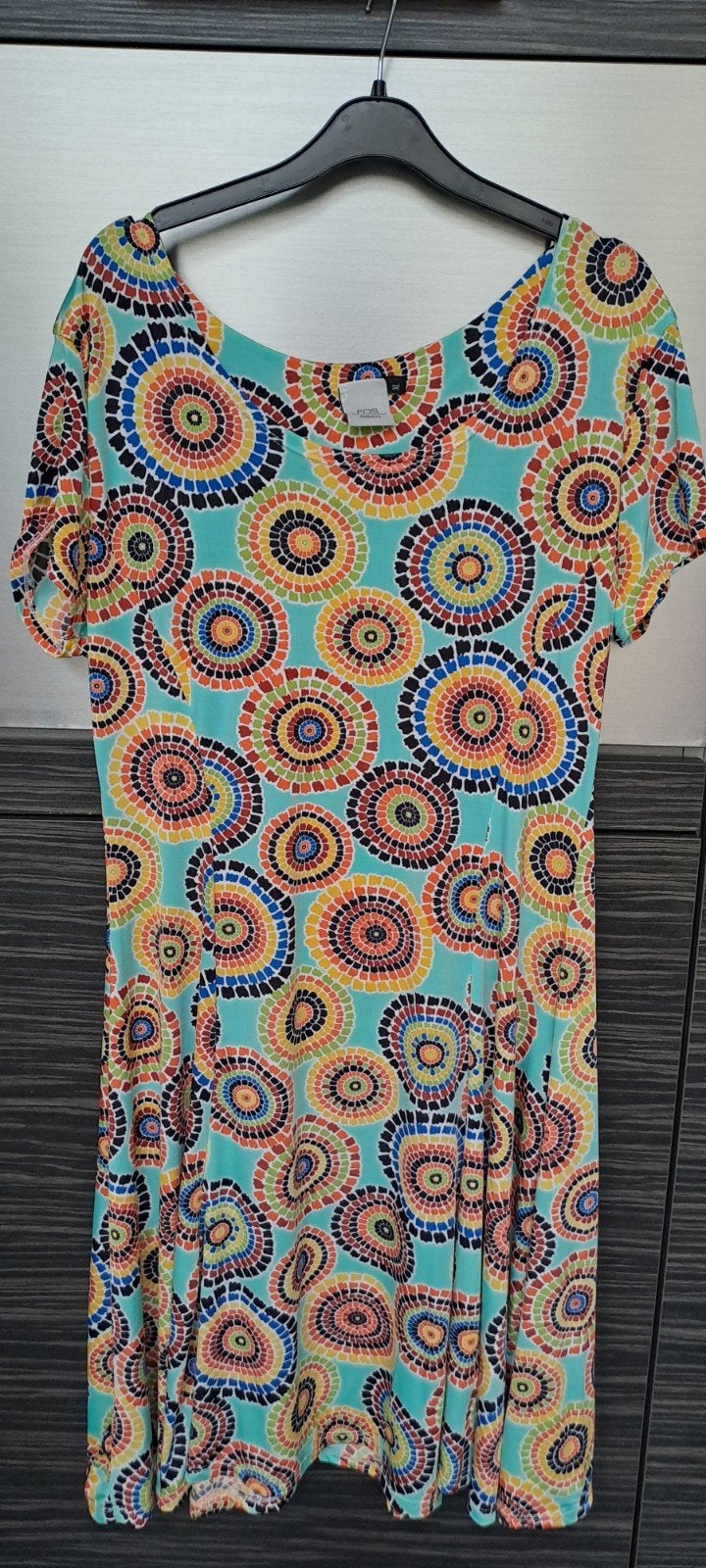 Soepele jurk met kleurrijke cirkelprint, net boven knie, Maat 38/40 (M), FOS FASHION, Meerkleurig, Ophalen of Verzenden