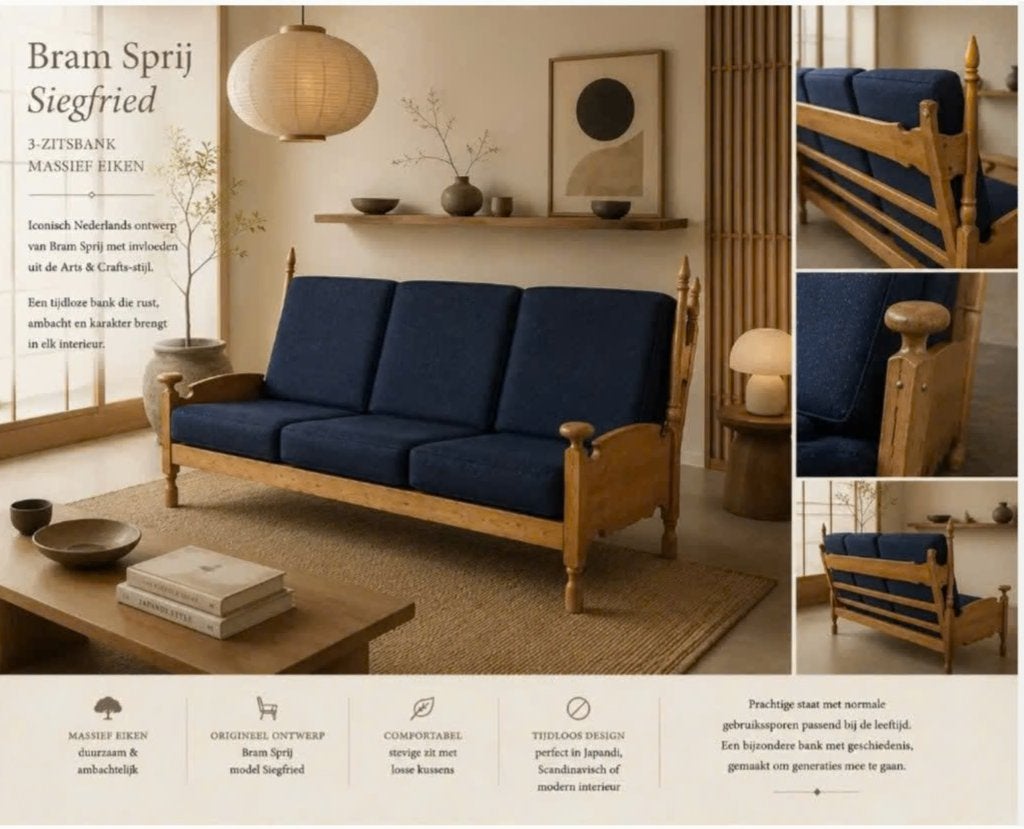 Bram Sprij Dutch Design Siegfried 3-zitsbank Brutalisme, Ophalen, Gebruikt, 75 tot 100 cm, Hout