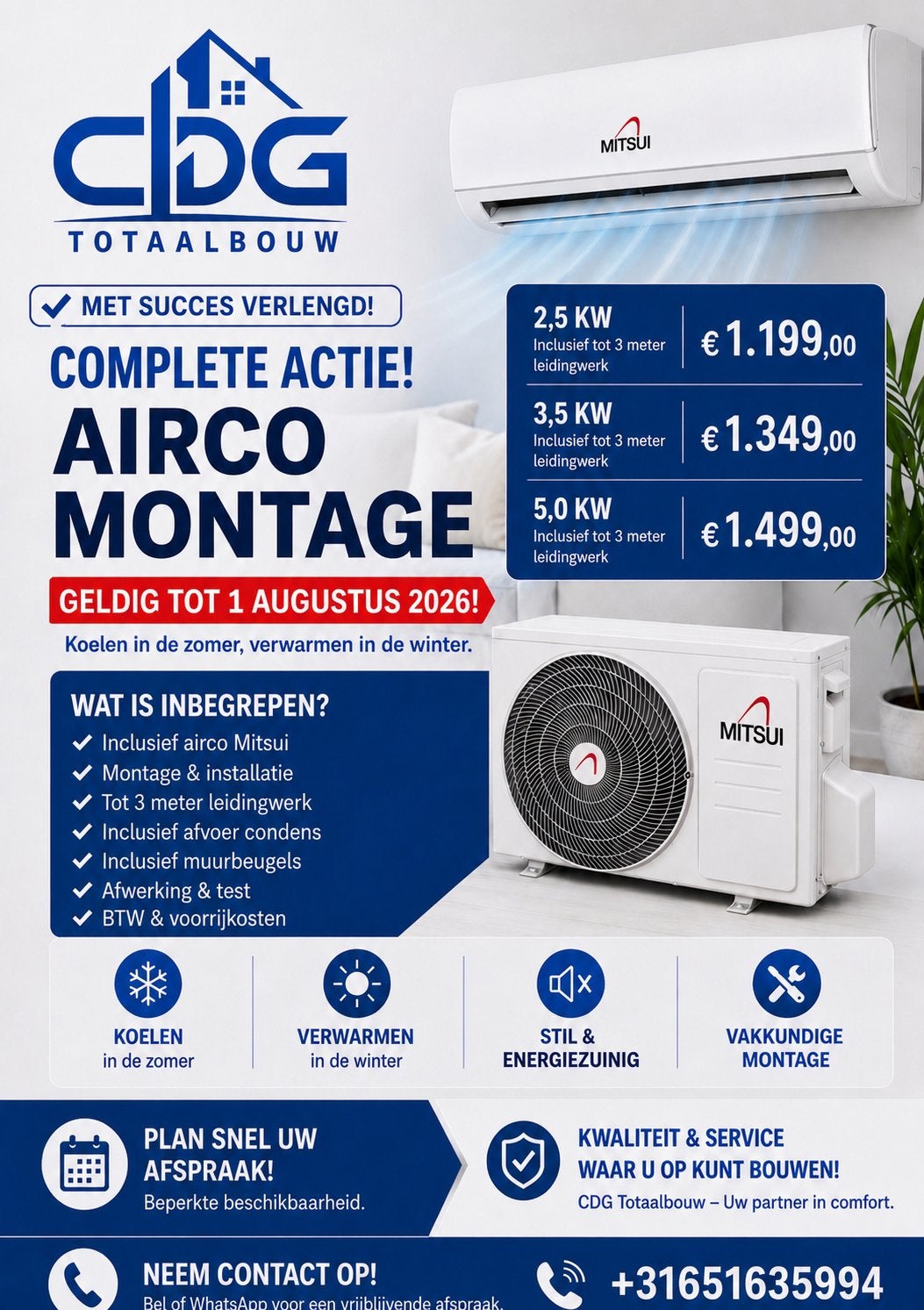 Complete airco actie., Witgoed en Apparatuur, Airco's, Nieuw, Wandairco, 60 tot 100 m³, 3 snelheden of meer, Koelen en Ontvochtigen