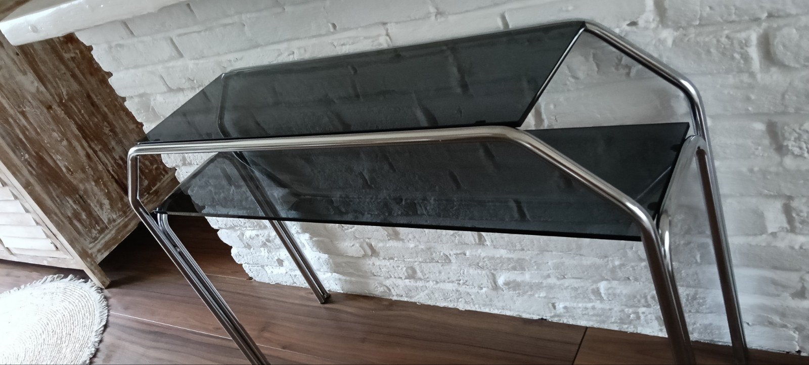 Vintage jaren '70 sidetable met glazen bladen, Huis en Inrichting, Ophalen, Gebruikt, 50 tot 100 cm, Glas