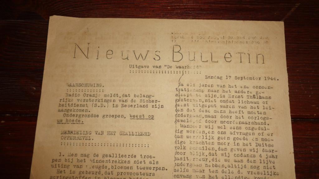 17 sept 1944 Market Garden verzet Nieuws Bulletin, Verzenden, Overige soorten, Nederland, Overige typen