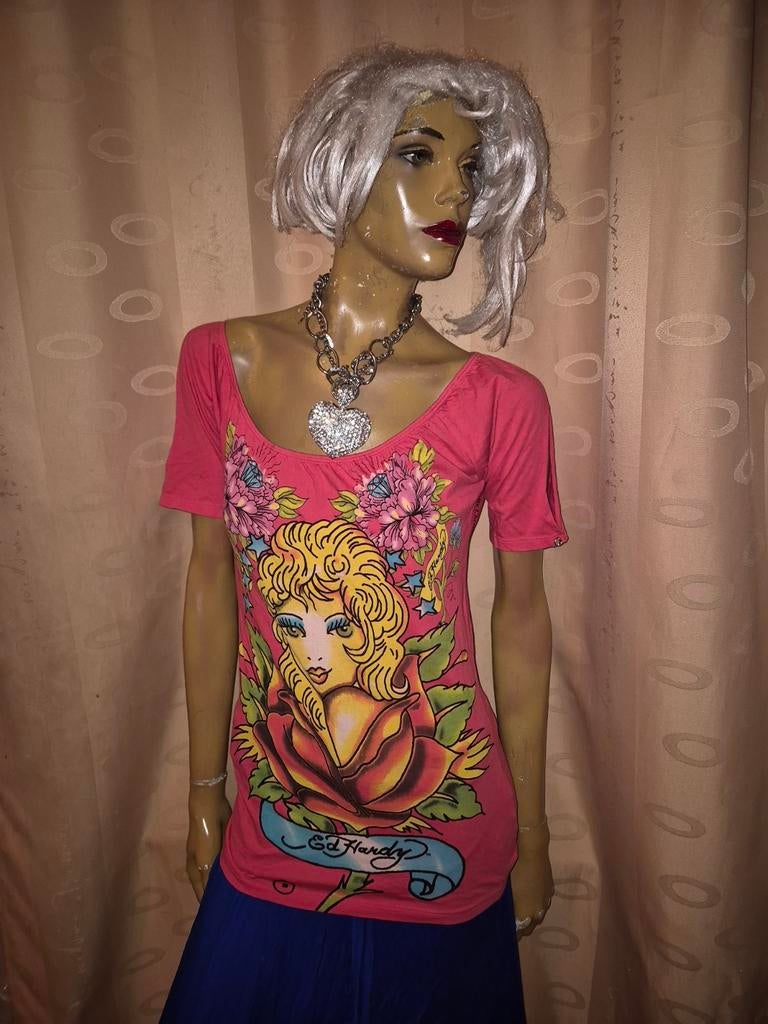 Ed Hardy T-shirt met tattoo-print en korte mouwen L, Maat 42/44 (L), Ophalen of Verzenden, Korte mouw, Roze