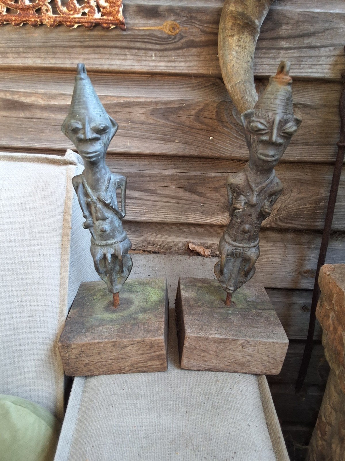 Afrika Brons staf beeld op houten sokkel ogboni edan yoruba, Bruin, Afrika, Ophalen of Verzenden, Handgemaakt