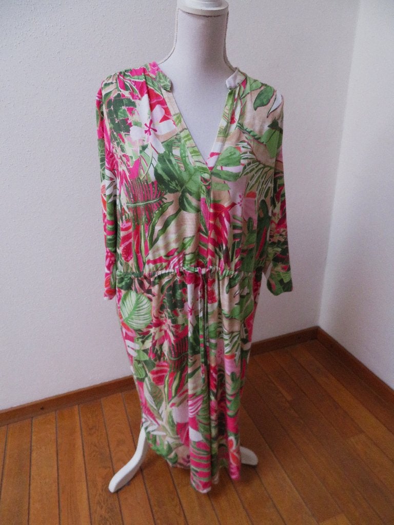 M16 GERRY WEBER jurk driekwart mouw groen roze maat 46, Maat 46/48 (XL) of groter, Ophalen of Verzenden, Zo goed als nieuw, Knielengte