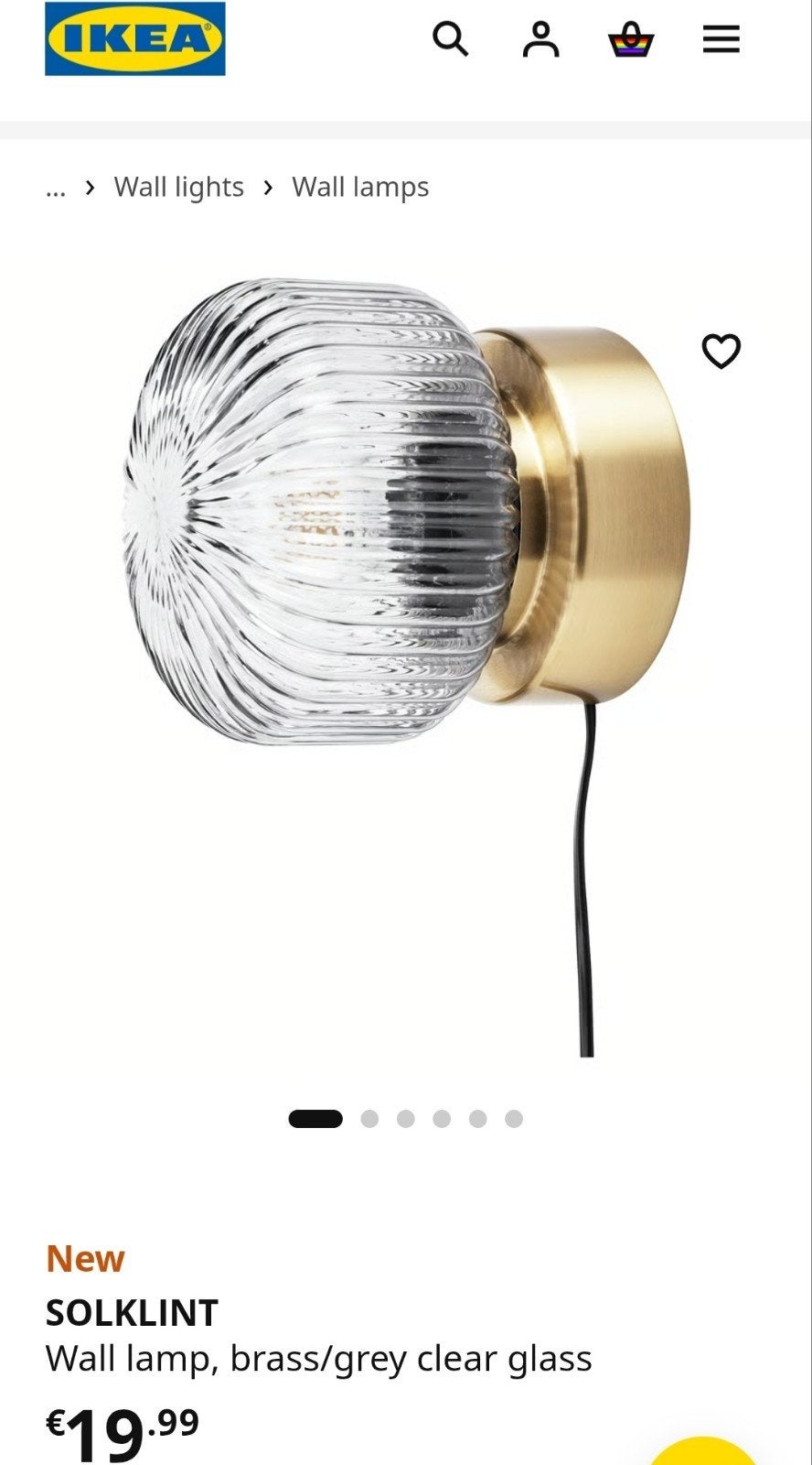 IKEA SOLKLINT wandlamp, messing/grijs helder glas, 16cm, Ophalen, Nieuw, Glas, Wandlamp