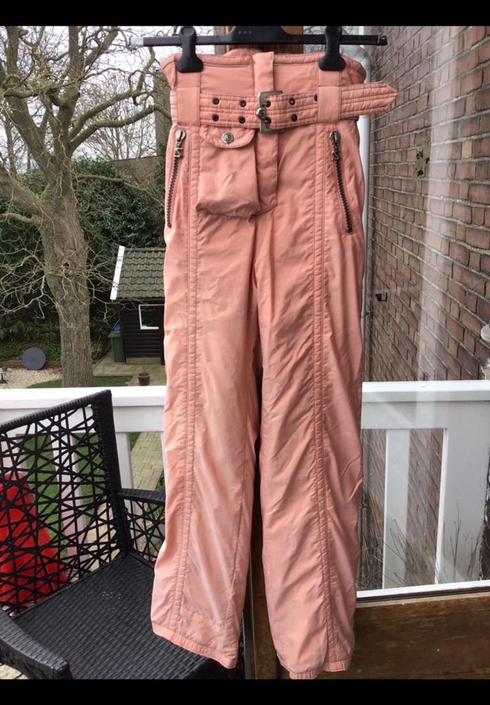 Skibroek, sneeuwbroek, zalm kleur / oranje, maat 34 met riem, Overige merken, 100 tot 140 cm, Ophalen of Verzenden, Zo goed als nieuw