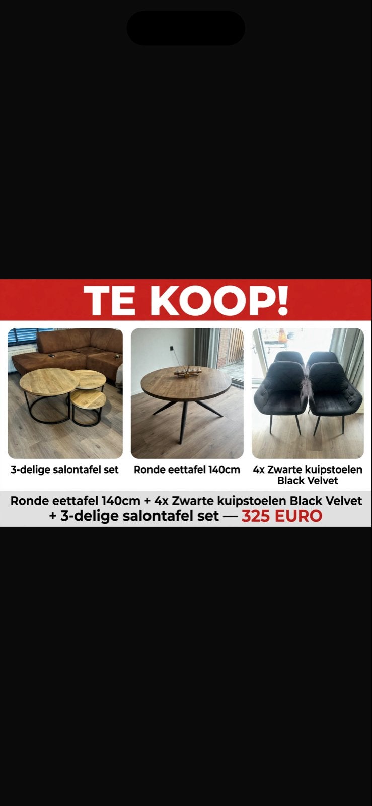 Eettafel 140cm, 4 velvet stoelen & 3-delige salontafel set