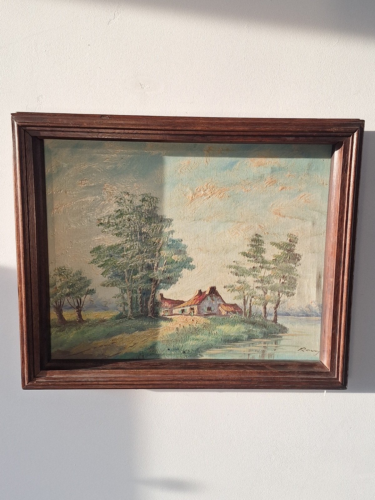 Schilderij: Landschap met boerderij en water, Doek, Realistisch, Ophalen of Verzenden, Landschap