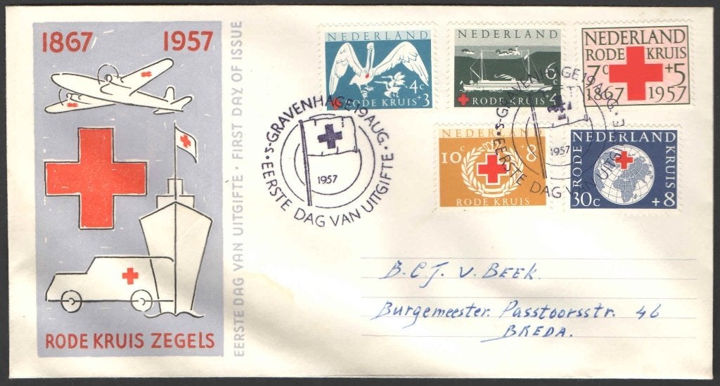Nederland FDC E31 Met Adres, Rode Kruis 1957, Postzegels en Munten, Ophalen of Verzenden, Beschreven, Nederland