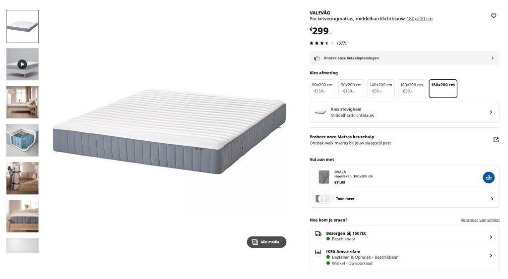 IKEA VALEVÅG pocketveringmatras 180x200 cm – middelhard, Ophalen, Tweepersoons, Zo goed als nieuw, Matras
