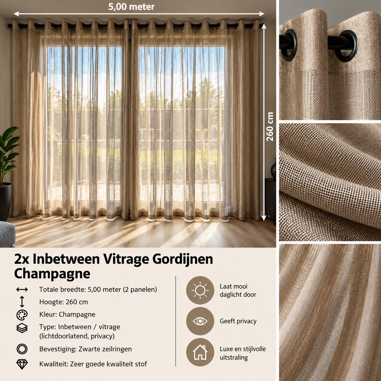 2 luxe Inbetween gordijnen – Champagne, Ophalen of Verzenden, Zo goed als nieuw, Vitrage