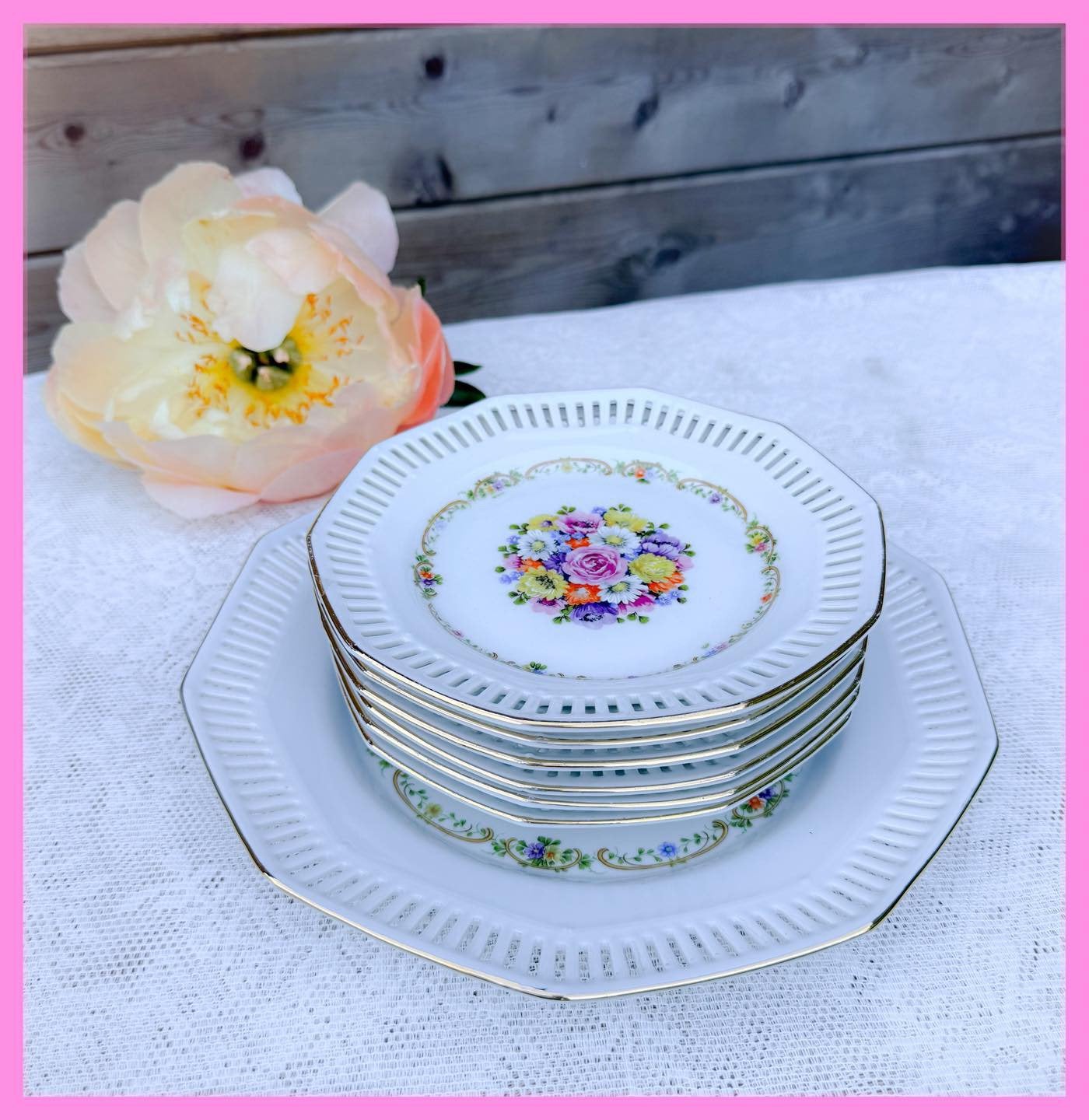 Brocant gebakset gebakstel high tea servies bordjes, Antiek en Kunst, Ophalen of Verzenden
