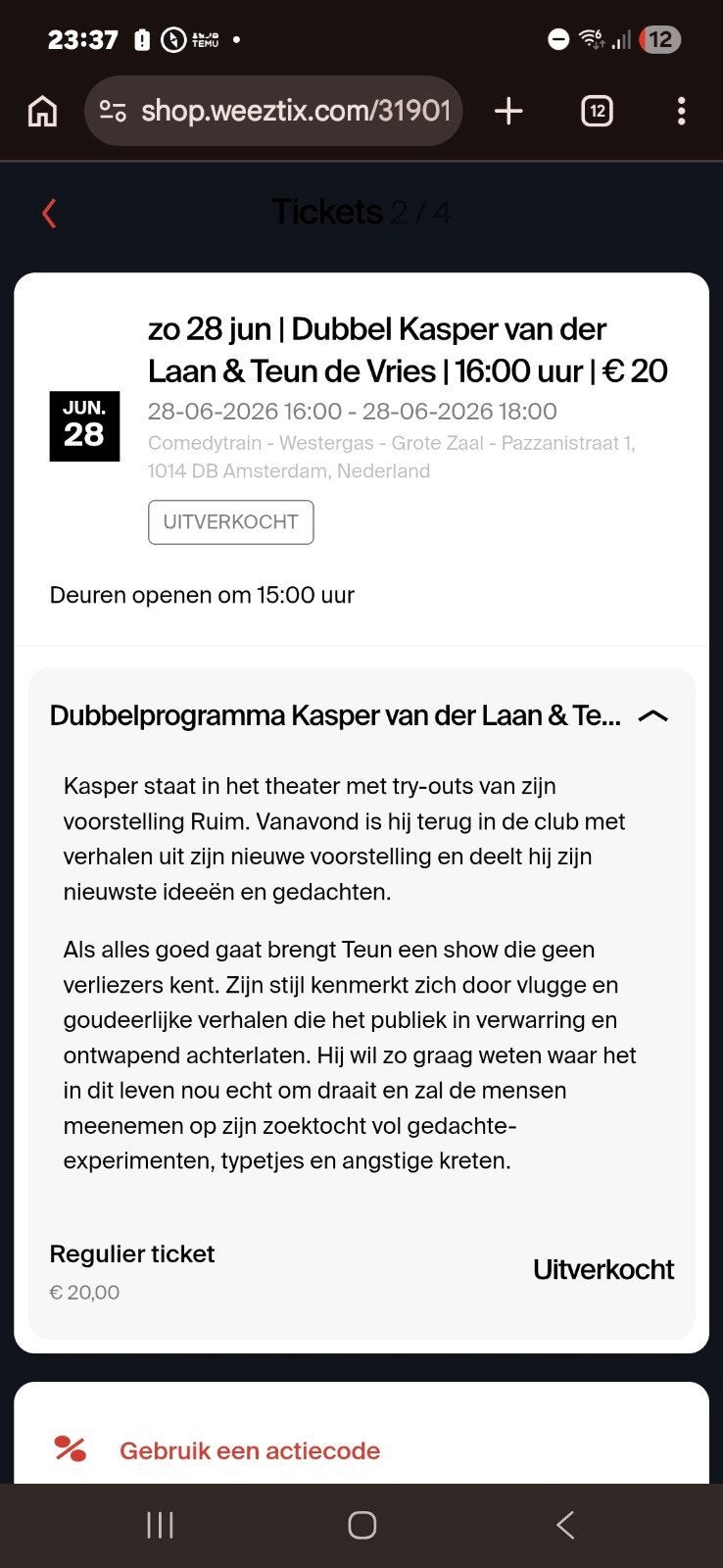 Kasper van der Laan 6 kaarten a 20 Euro., Tickets en Kaartjes, Theater | Cabaret en Komedie, Drie personen of meer, Juni