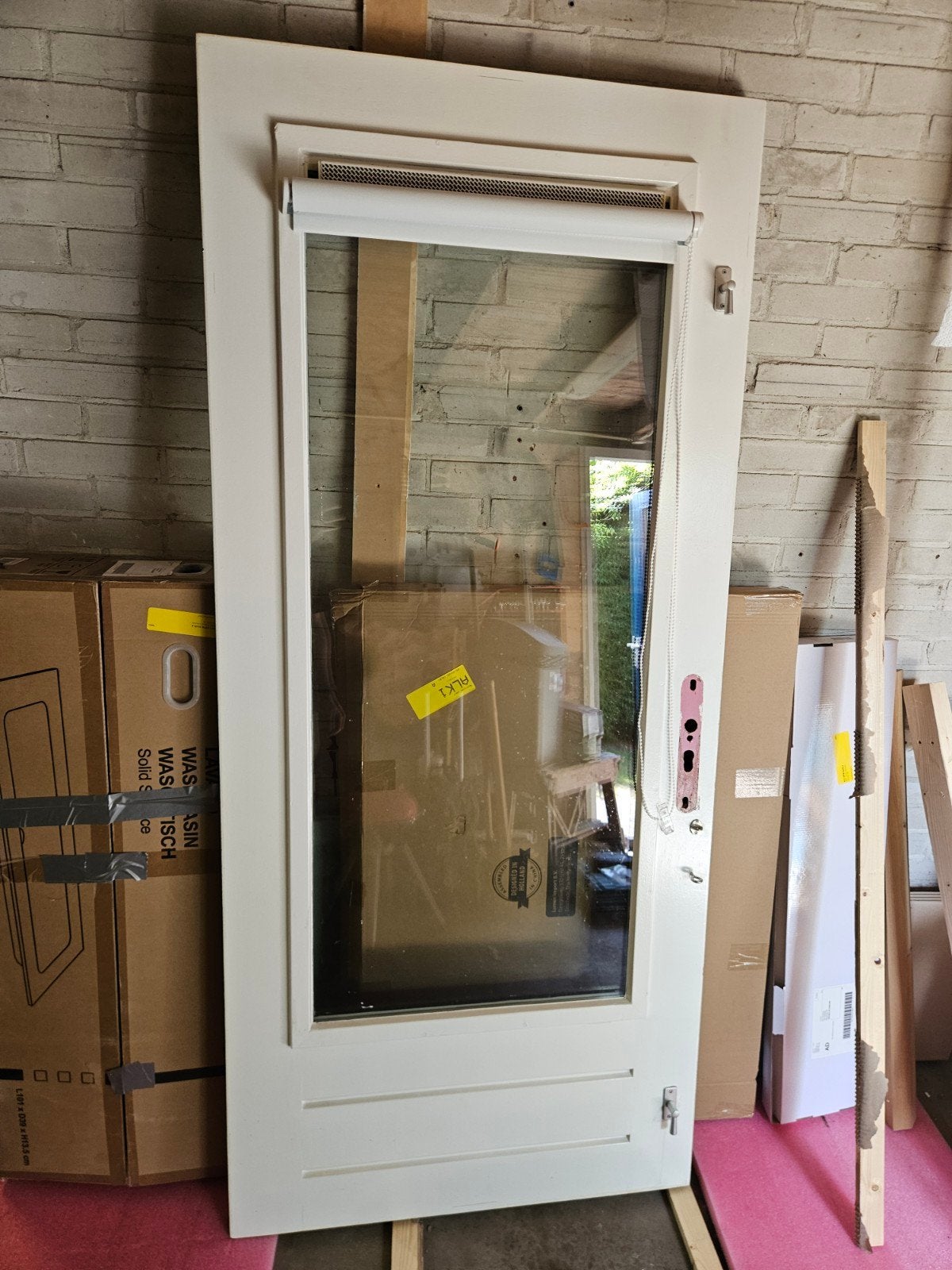 Hardhouten deur met HR++glas en rolgordijn, Ophalen, Gebruikt, 80 tot 100 cm, 215 cm of meer