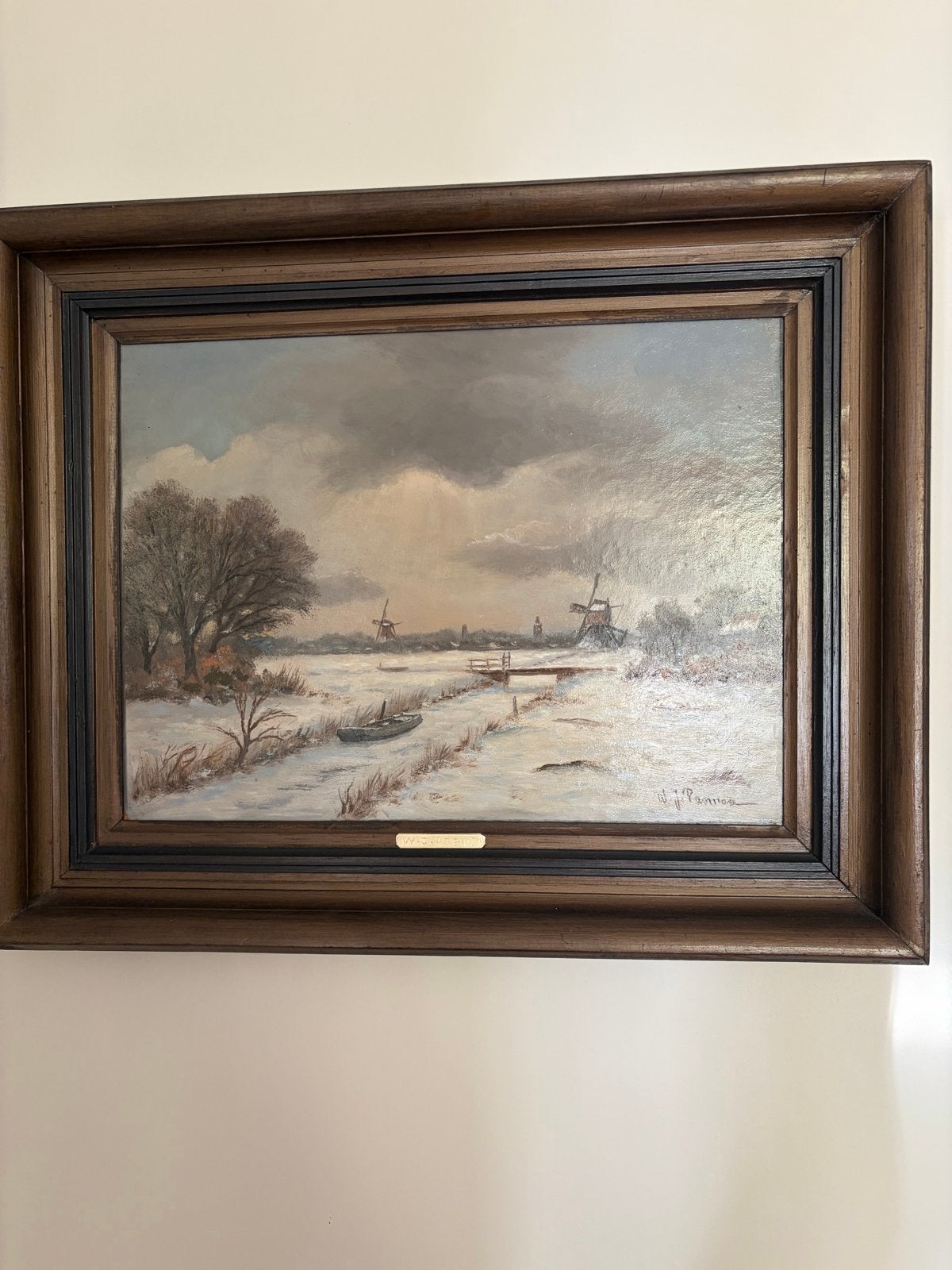Sfeervol winters tafereel met molens, 52x42 cm, Ophalen, Doek, Realistisch, Landschap