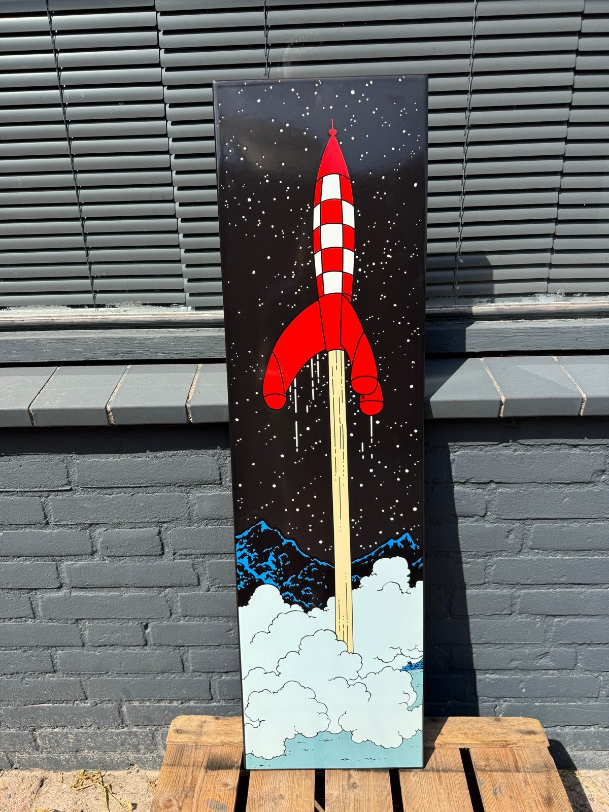 Raket van Kuifje emaille bord schilderij, Ophalen of Verzenden, Kuifje, Gebruikt, Plaatje, Poster of Sticker
