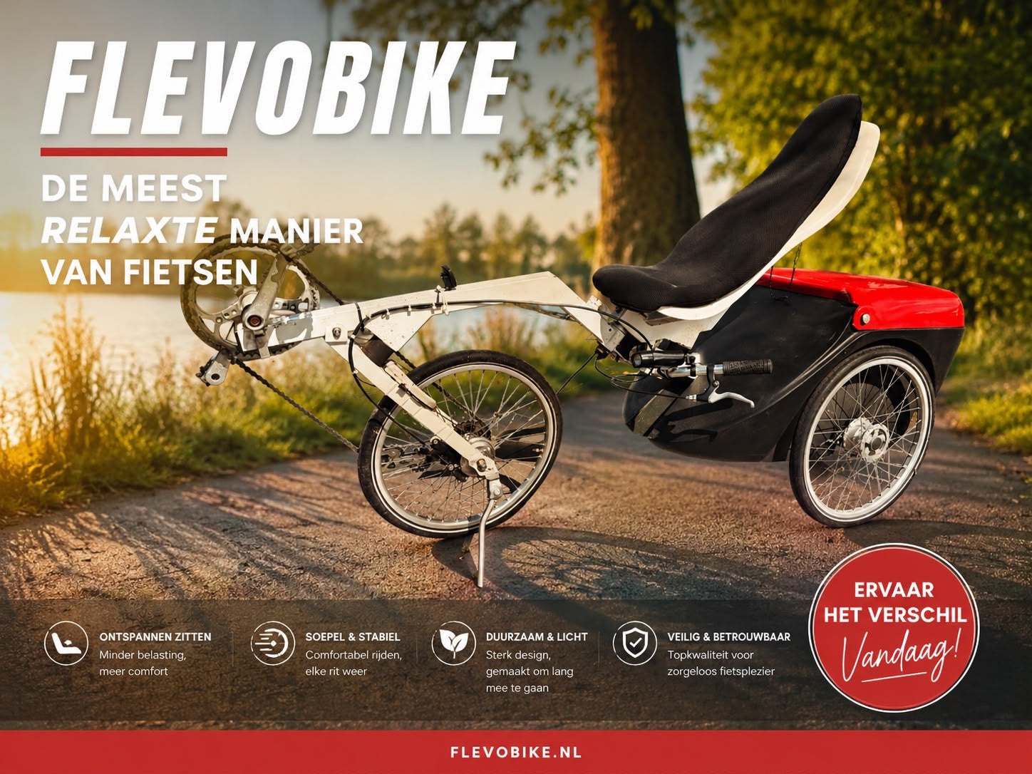 Ligfiets Flevobike trike inclusief afsluitbare kofferruimte, Ophalen, Gebruikt, Onderstuur, Schijfrem