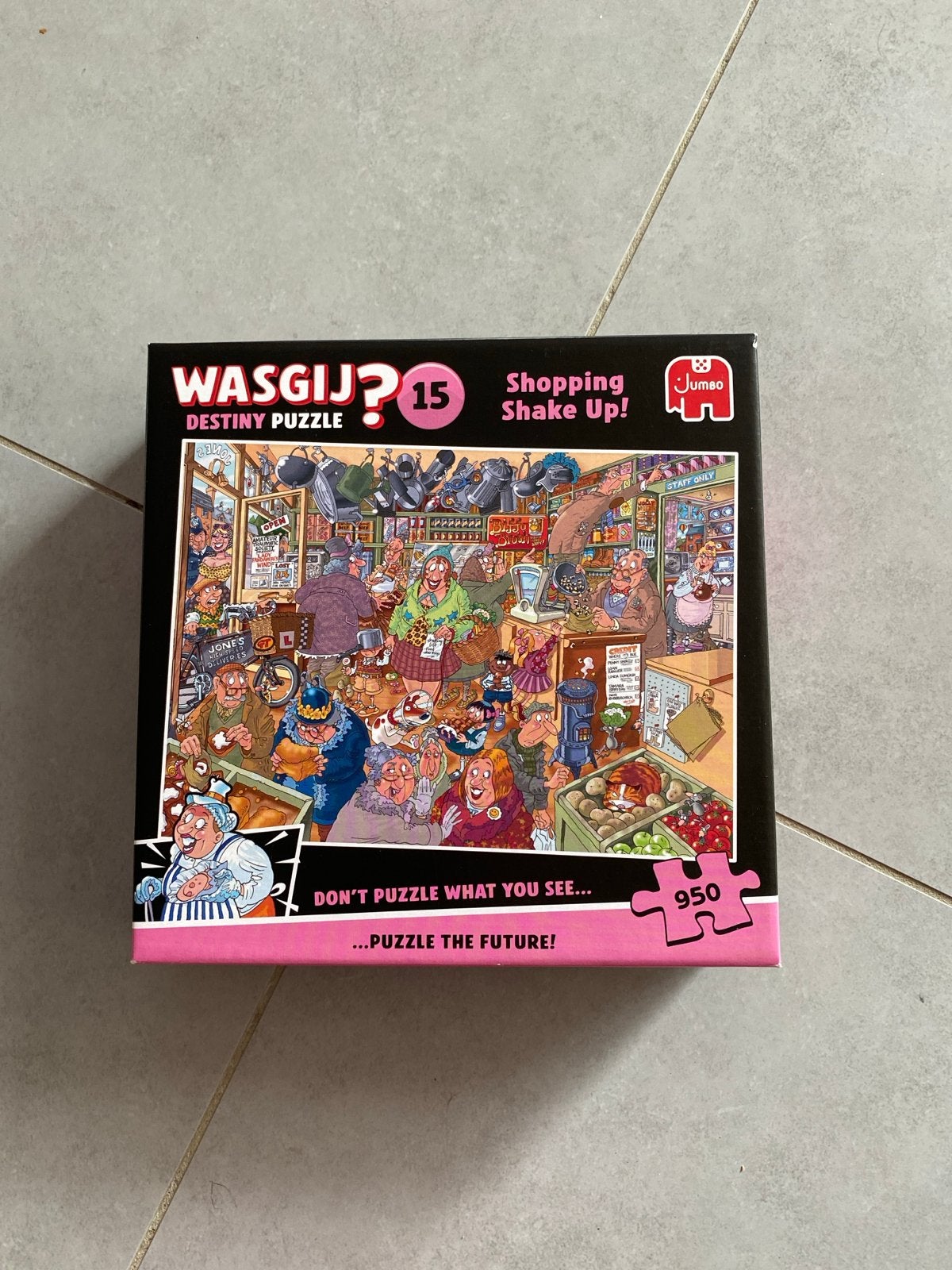 Wasgij? Destiny Puzzel 15 - Shopping Shake Up! 950 stukjes, Hobby en Vrije tijd, Ophalen of Verzenden, 500 t/m 1500 stukjes, Zo goed als nieuw