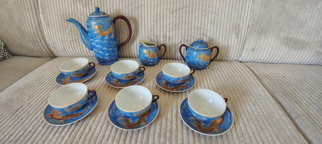 Japans theeservies blauw draken geisha goud litophaan, Antiek en Kunst, Ophalen of Verzenden