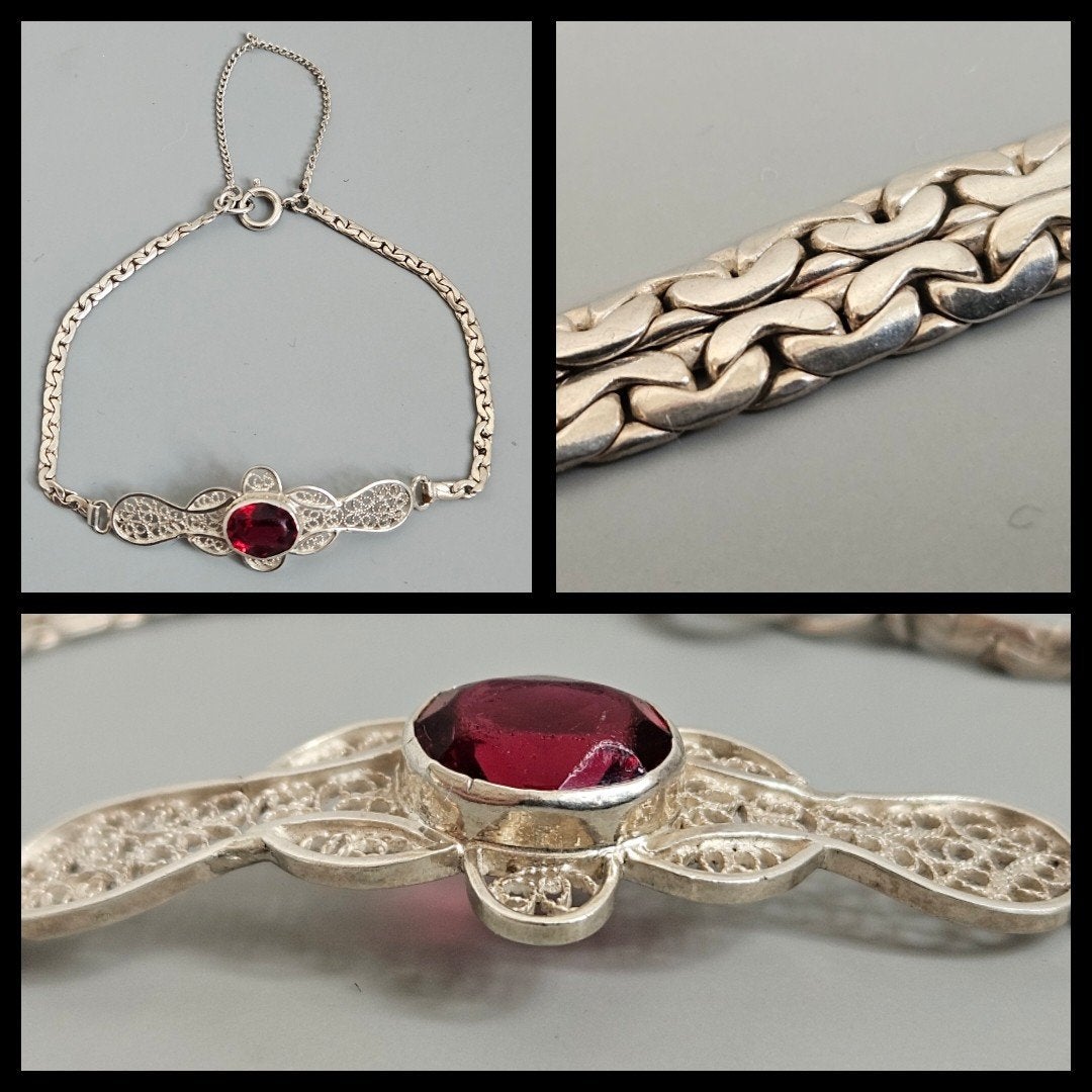 antiek zilver,  armband met filigrain en geslepen rode steen, Sieraden, Tassen en Uiterlijk, Antieke sieraden, Ophalen of Verzenden
