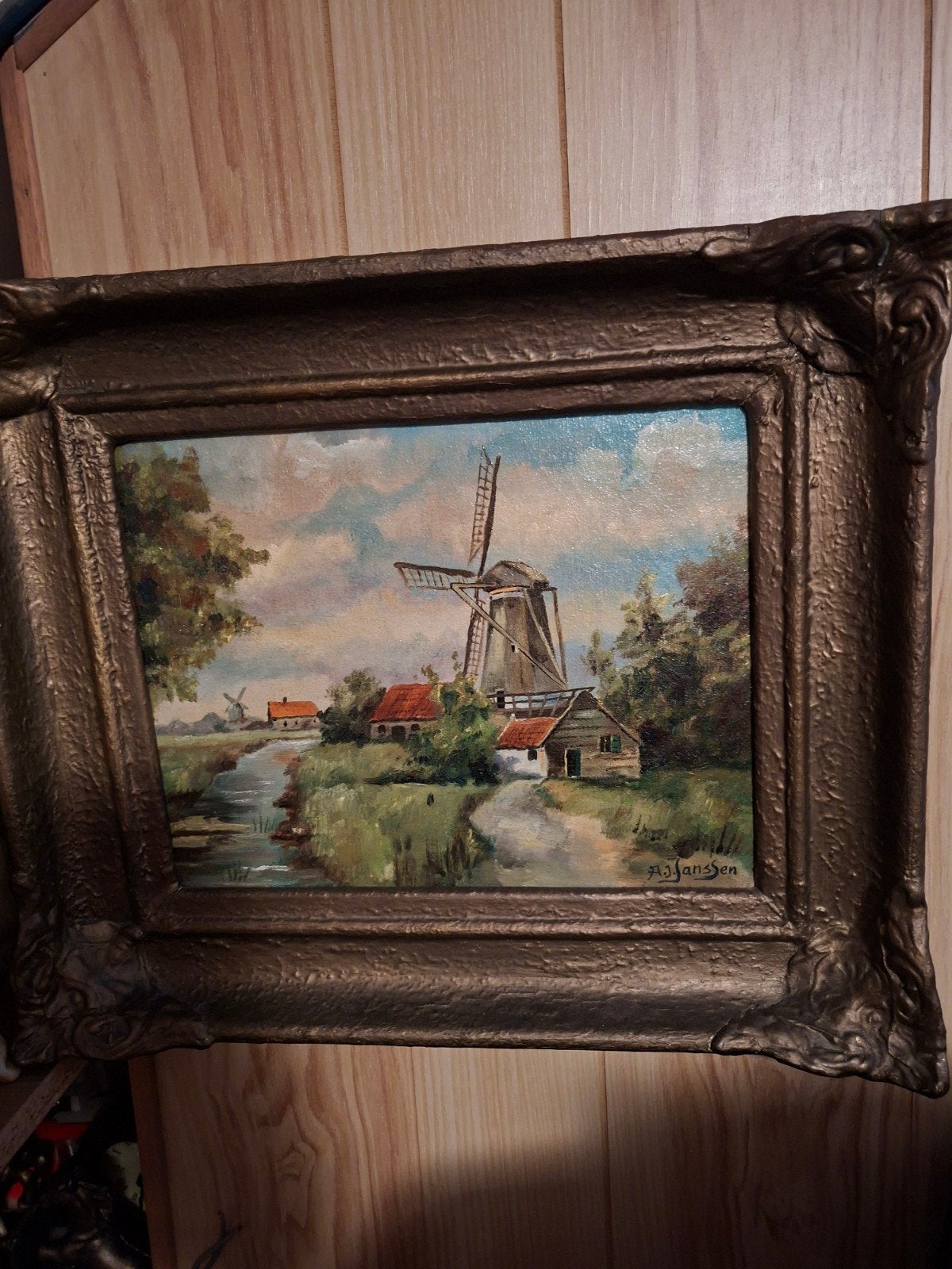 Olieverfschilderij Molenlandschap in Antieke Lijst, Antiek en Kunst, Kunst | Schilderijen | Klassiek, Ophalen of Verzenden
