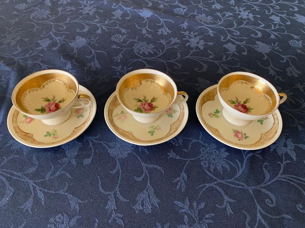 3 antieke kop en schotels goud motief Oscar Schlegelmilch, Ophalen of Verzenden