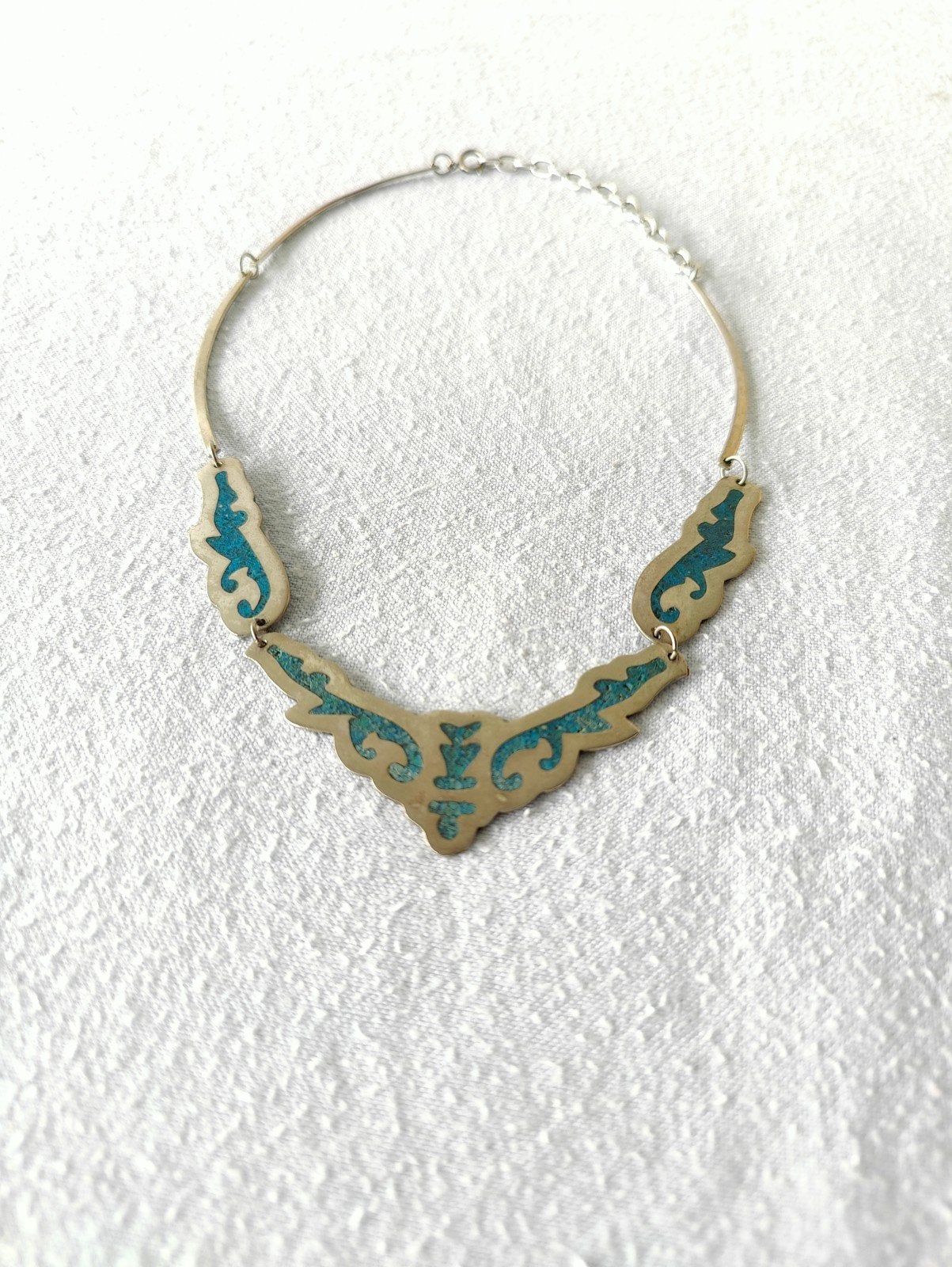 Vintage Mexicaanse Alpaca Zilveren Ketting met Turkoois, Gebruikt, Ophalen of Verzenden, Met edelsteen, Zilver