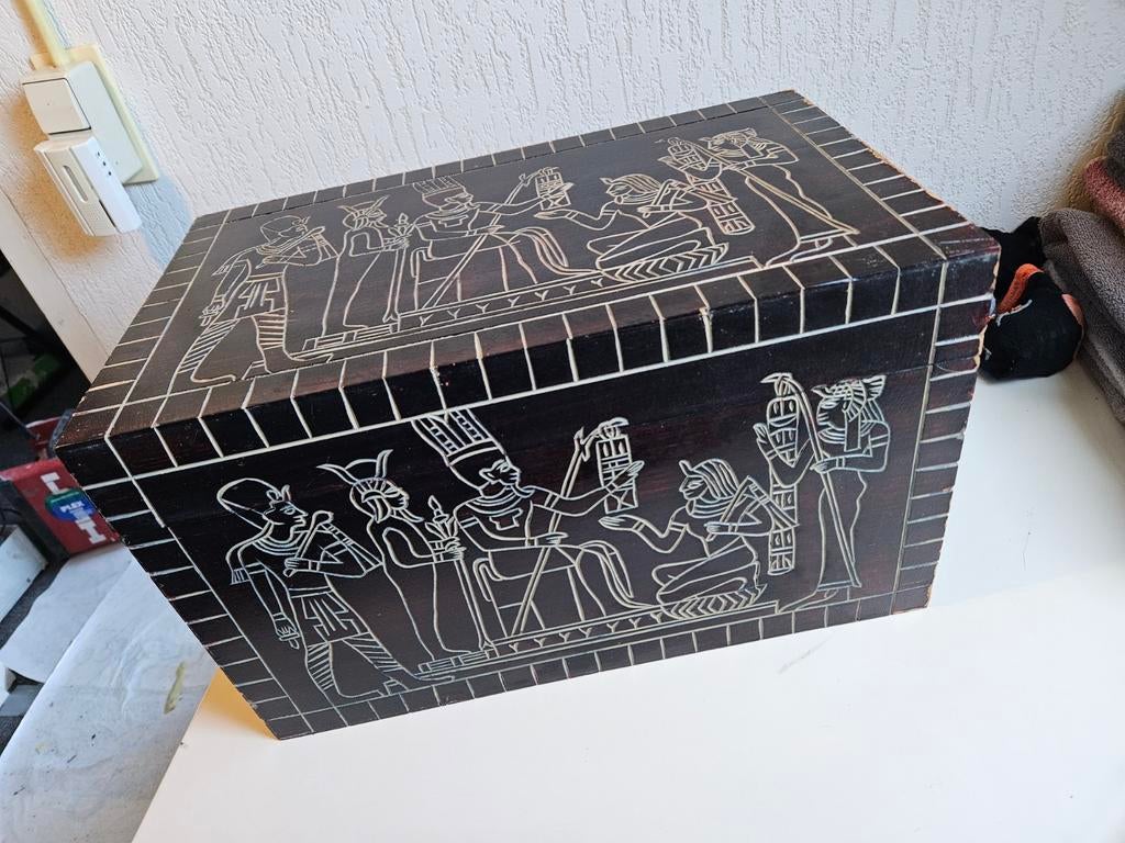 Vintage Egyptische stijl houten kist met hiërogliefen, Ophalen of Verzenden