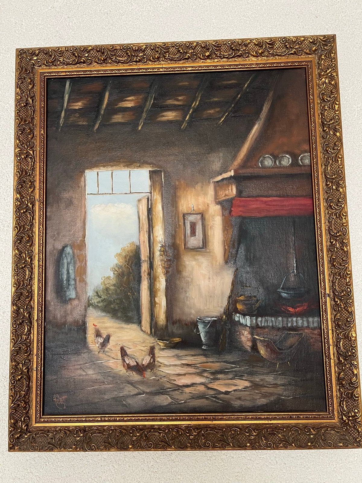Olieverfschilderij: Boerderijtafereel met kippen (47,5x58cm), Antiek en Kunst, Ophalen, Doek, Realistisch, Dieren