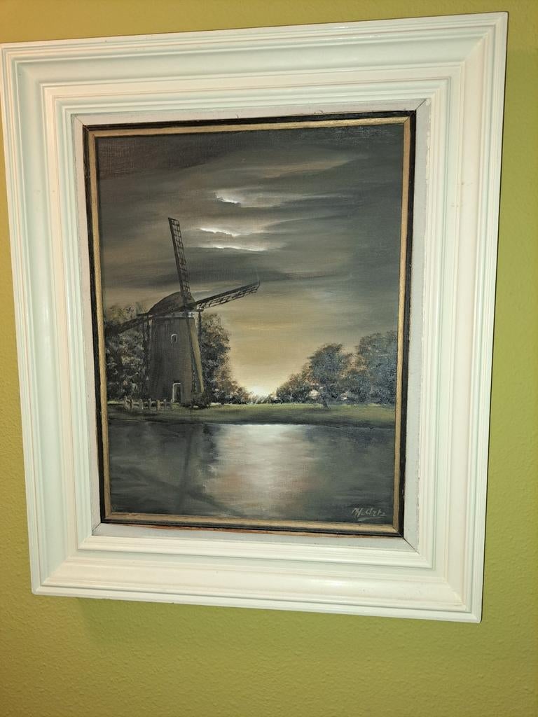 Moderne schilderij met molen en ondergaande zon, Ophalen of Verzenden