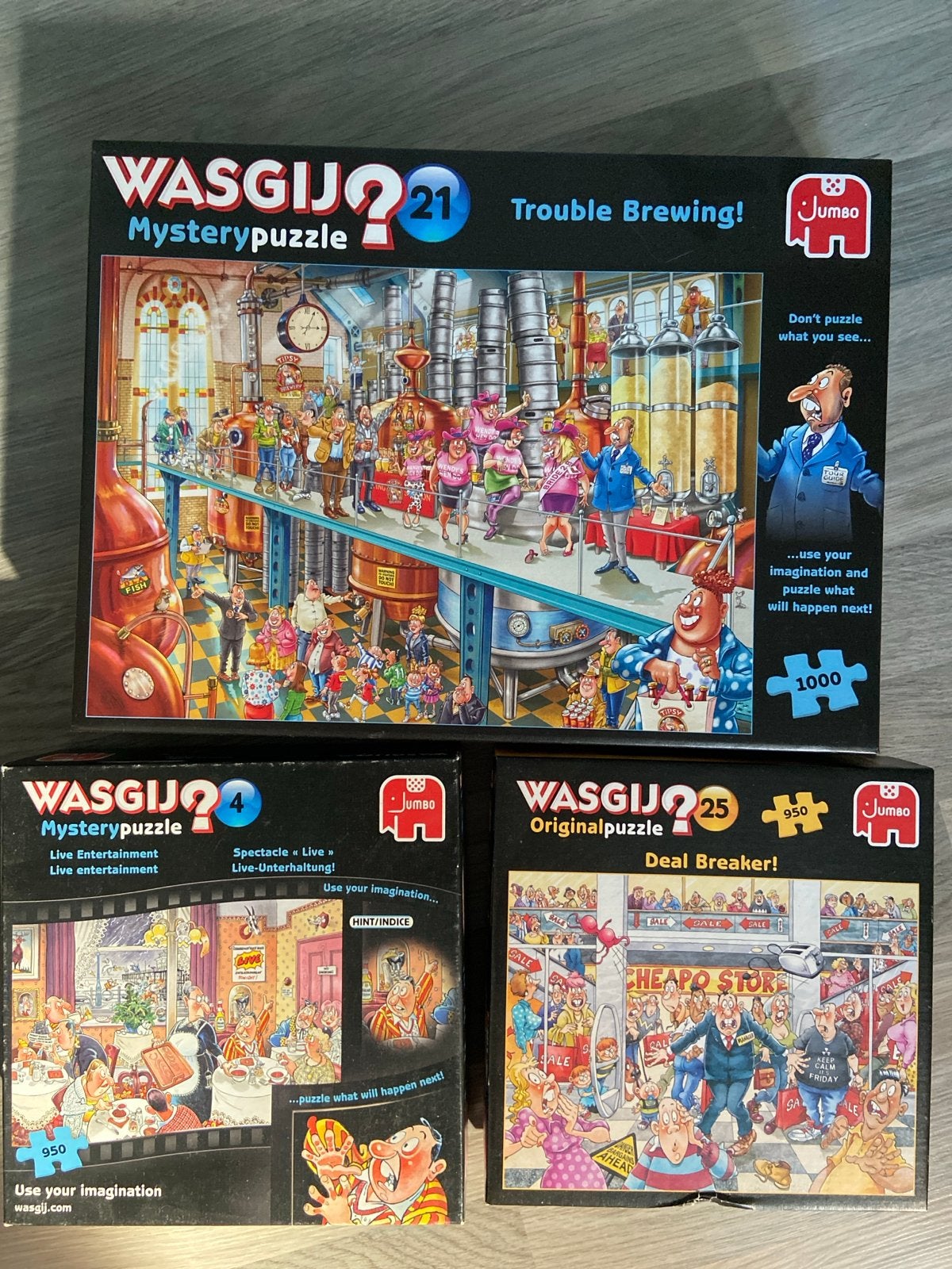 3 Wasgij mysterypuzzels, Ophalen, 500 t/m 1500 stukjes, Zo goed als nieuw, Legpuzzel
