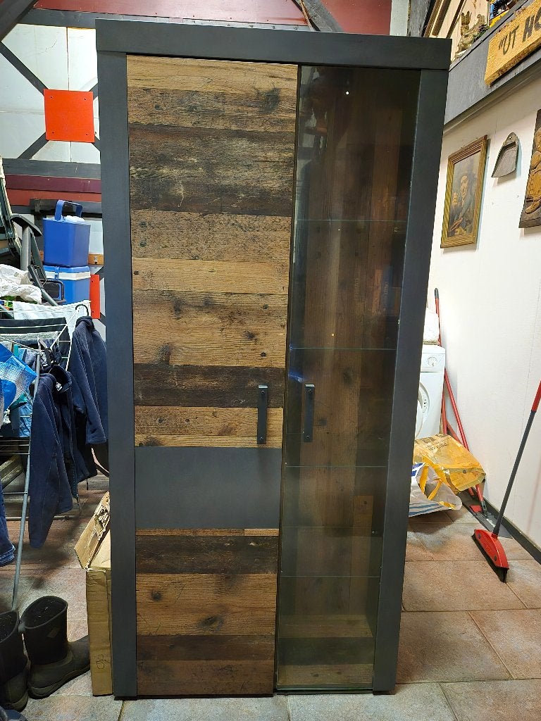 Vitrinekast incl. led-verlichting + bijpassende salontafel, Ophalen, Old Wood, Met deur(en), 50 tot 100 cm