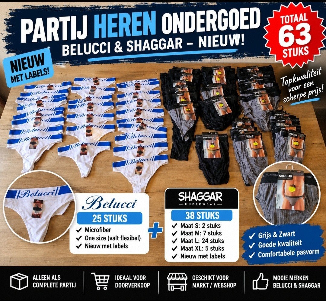 PARTIJ 63 Stuks Nieuw slips BELUCCI&SHAGGAR – Maat S tm XL, Ophalen of Verzenden, Wit, Belucci, Shaggar, Slip