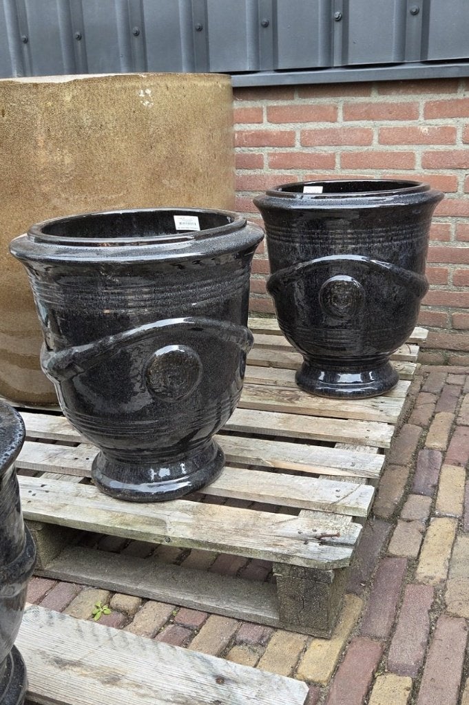 Prachtige zwarte geglazuurde bloempotten Anduze stijl, Tuin en Terras, Bloempotten, Rond, Nieuw, Minder dan 40 cm, Balkon