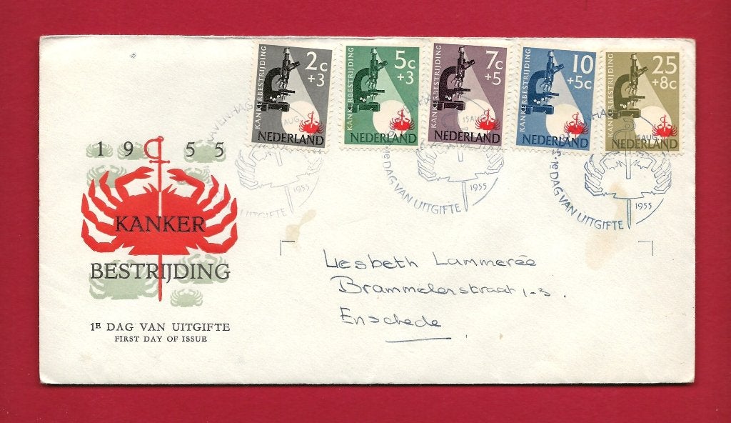 1955 Kankerbestrijding FDC E23 met gesloten klep e2, Verzenden, Beschreven, Nederland