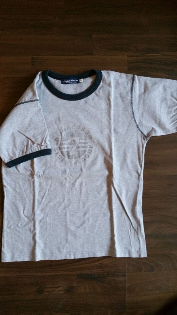 Donaldson t-shirt grijs met blauwe boorden maat 14, Ophalen of Verzenden, Zo goed als nieuw, Shirt of Longsleeve, Jongen