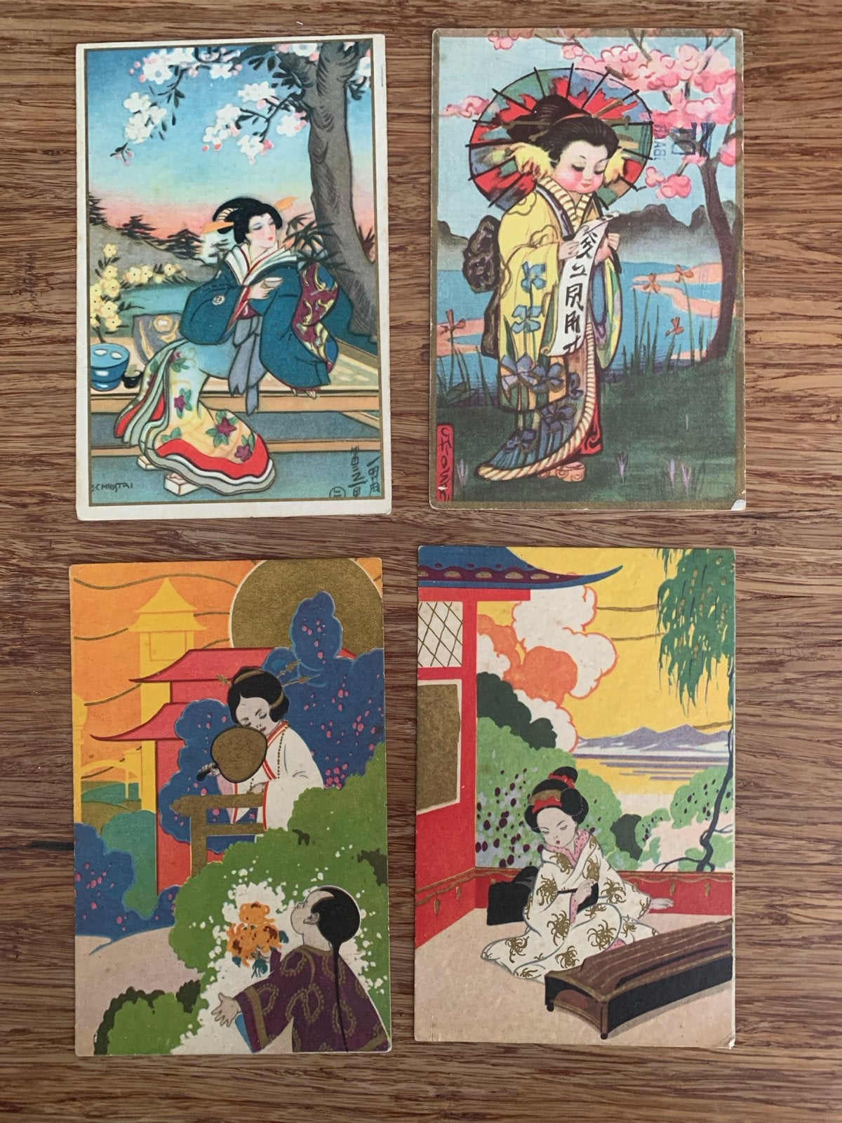 Set van 4 Japanse prentbriefkaarten - Geisha's en landschapp, Ophalen of Verzenden, Voor 1920, Gelopen, Overijssel