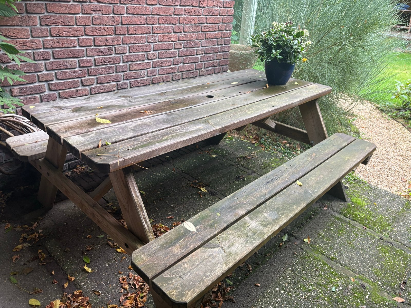 Houten picknicktafel van Praxis - b70 x l180 cm, Tuin en Terras, Ophalen, Gebruikt, Rechthoekig, Hout