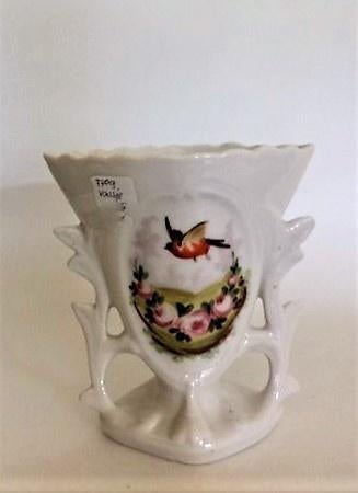 Antiek Frans porseleinen Bruidsvaasje met vogeltje, bloemen, Ophalen
