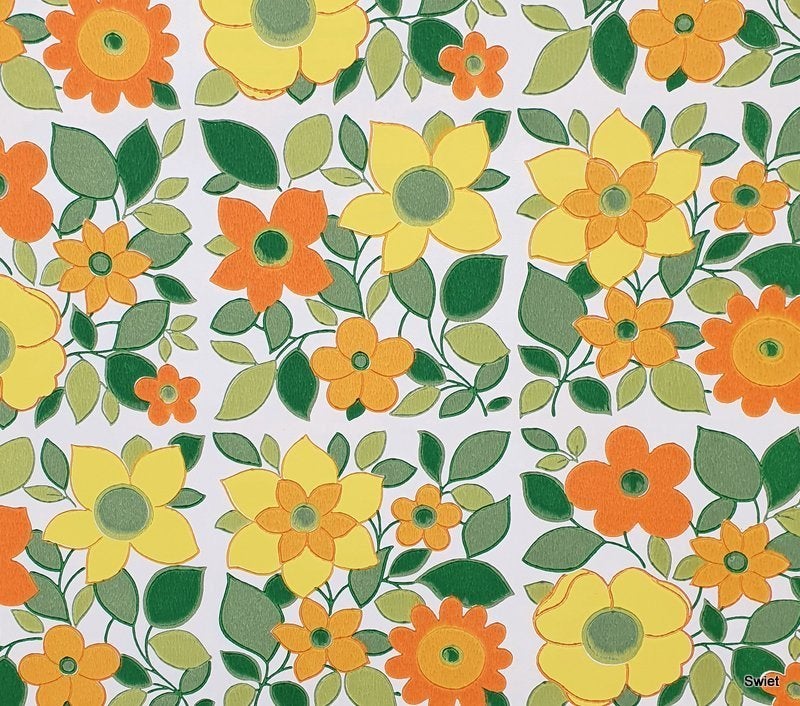 13199 Vintage retro bloemenbehang in geel groen wit swiet, Ophalen of Verzenden, Groen