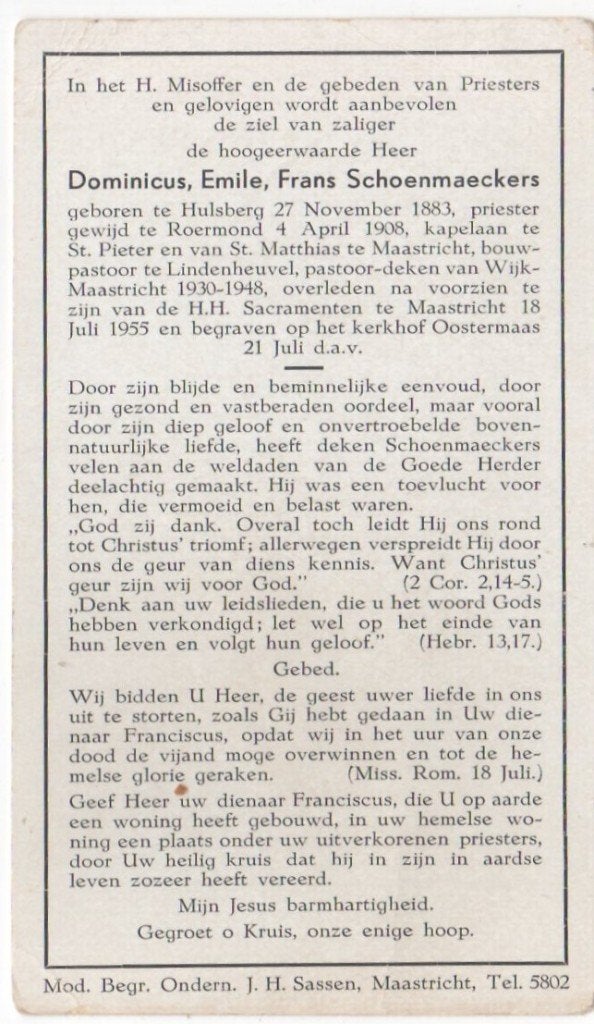 pastoor Dom. Schoenmaeckers 1883 Hulsberg + 1955 Maastricht, Verzamelen, Ophalen of Verzenden