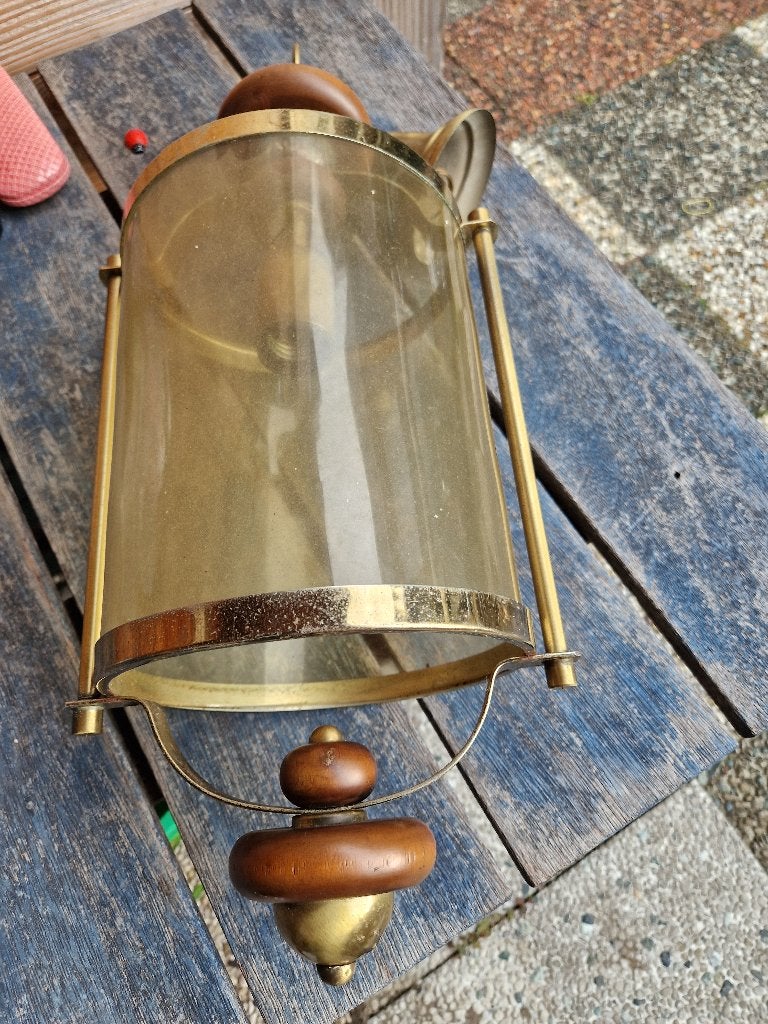 Vintage hanglamp messing met hout en glazen cilinder, Gebruikt, E27 (groot), Ophalen of Verzenden, Vintage, Retro, Klassiek